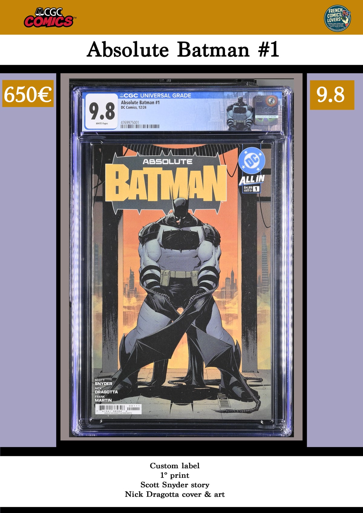Absolute Batman #1 (2024) 1° print custom label CGC 9.8 FCL