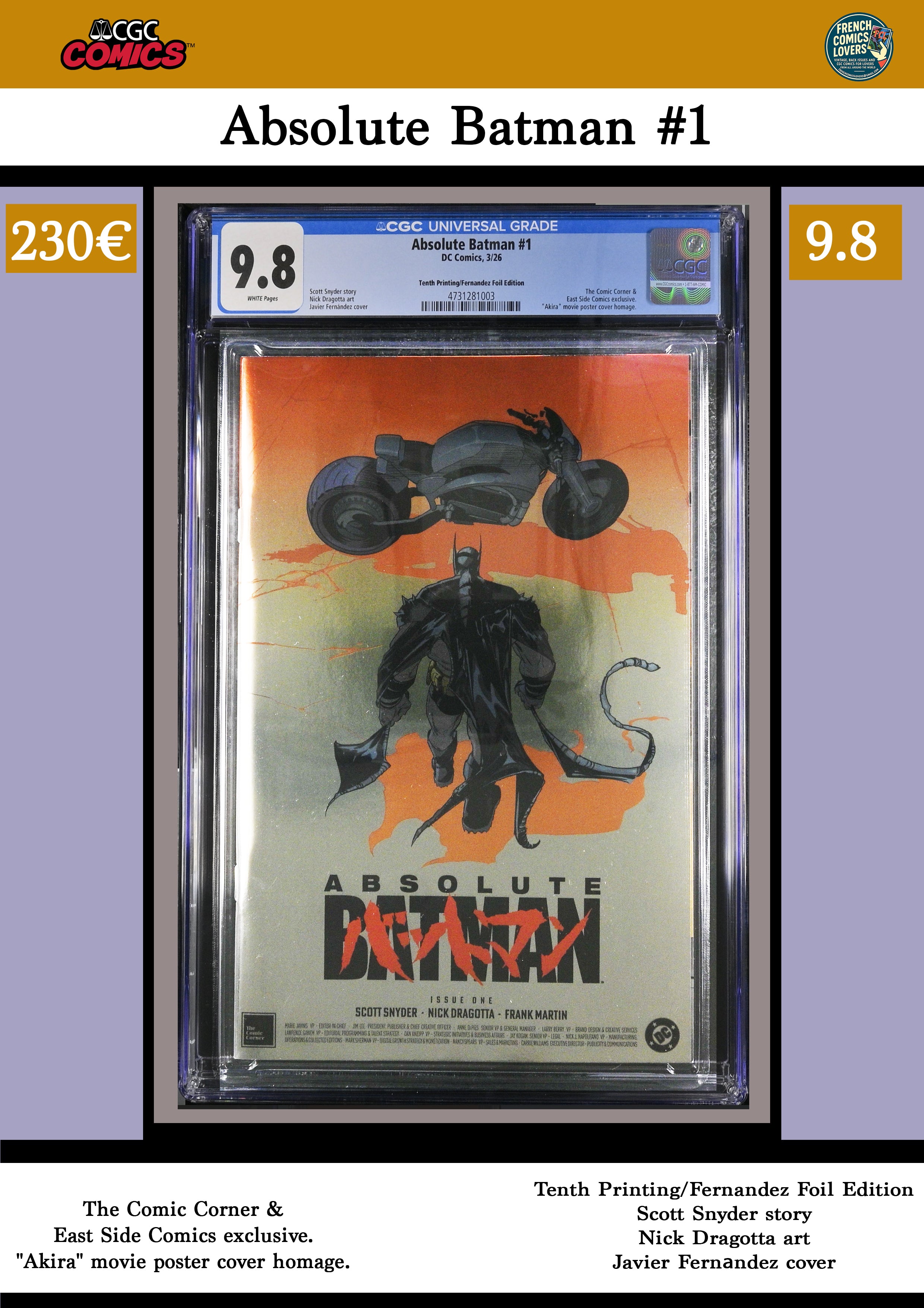 Absolute Batman #1 (2025) 10° print Akira Cover CGC 9.8 – French