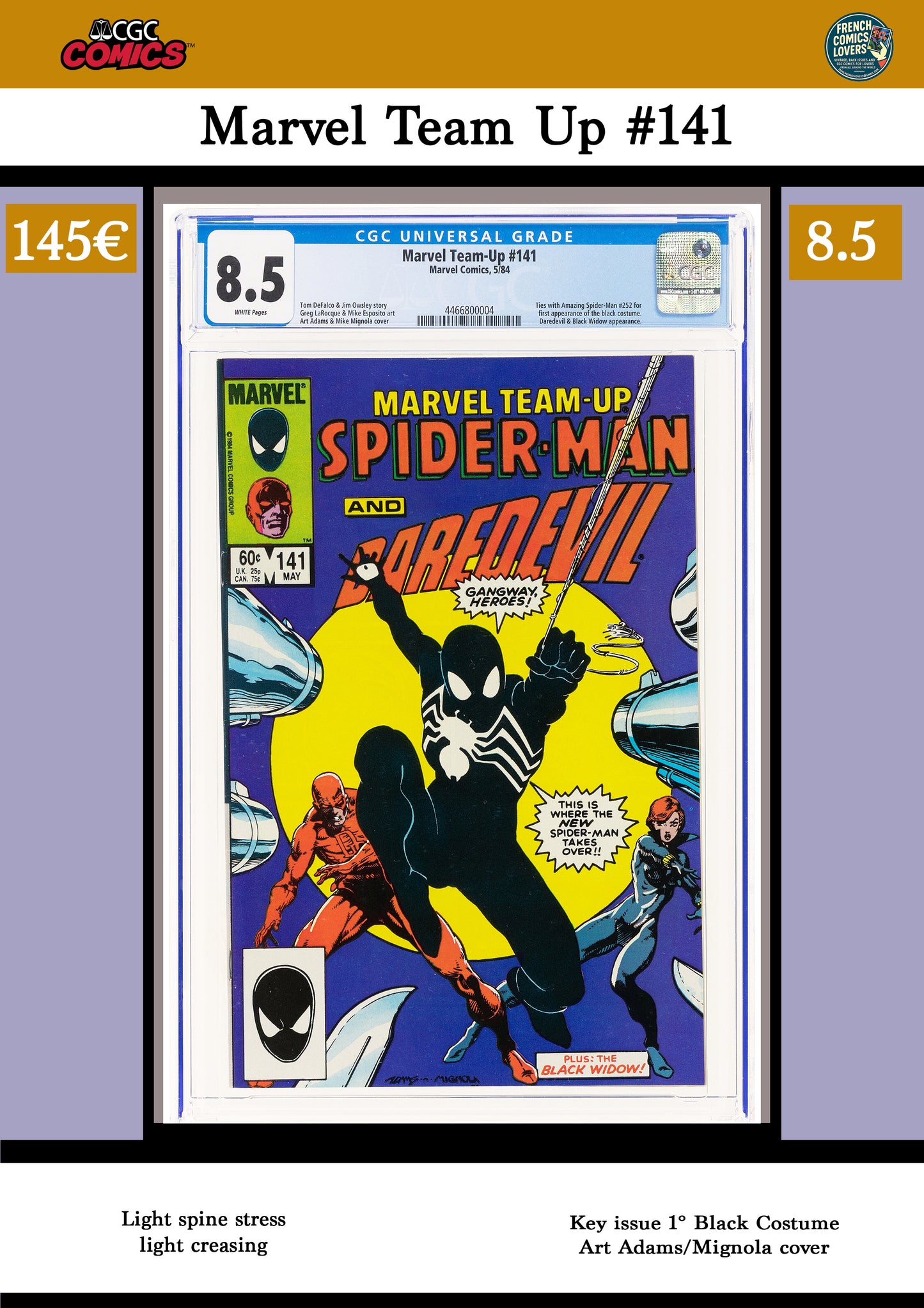 Marvel Team Up #142 (1984) Key issue 1° Black costume CGC 8.5