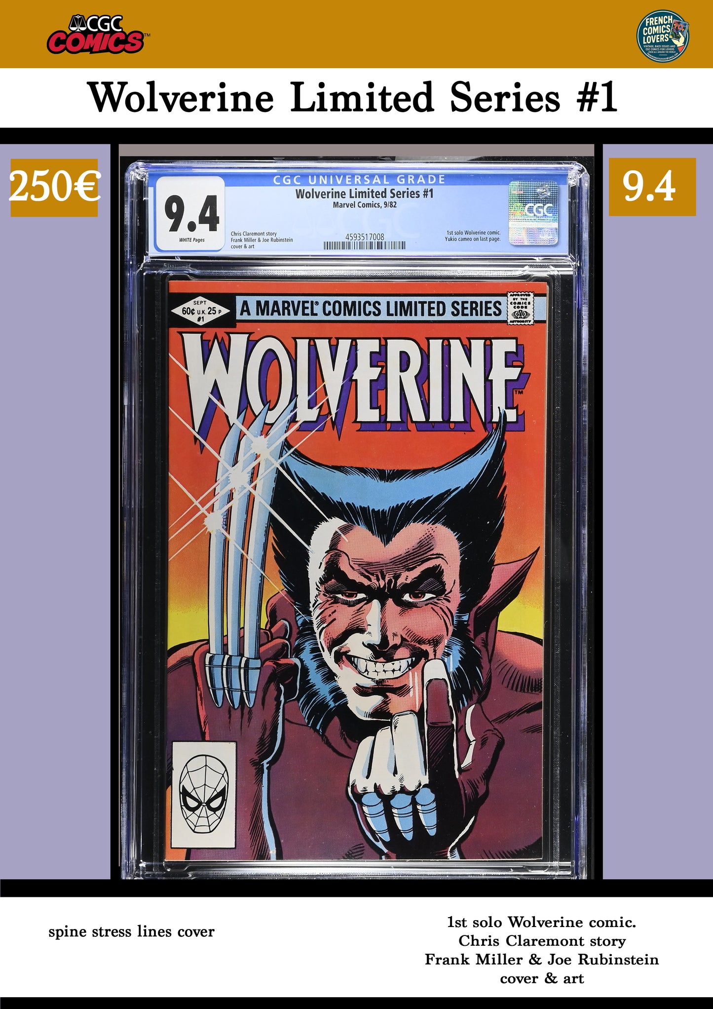 Wolverine Miniserie #1 ( 1982) Key issue Miller art CGC 9.4