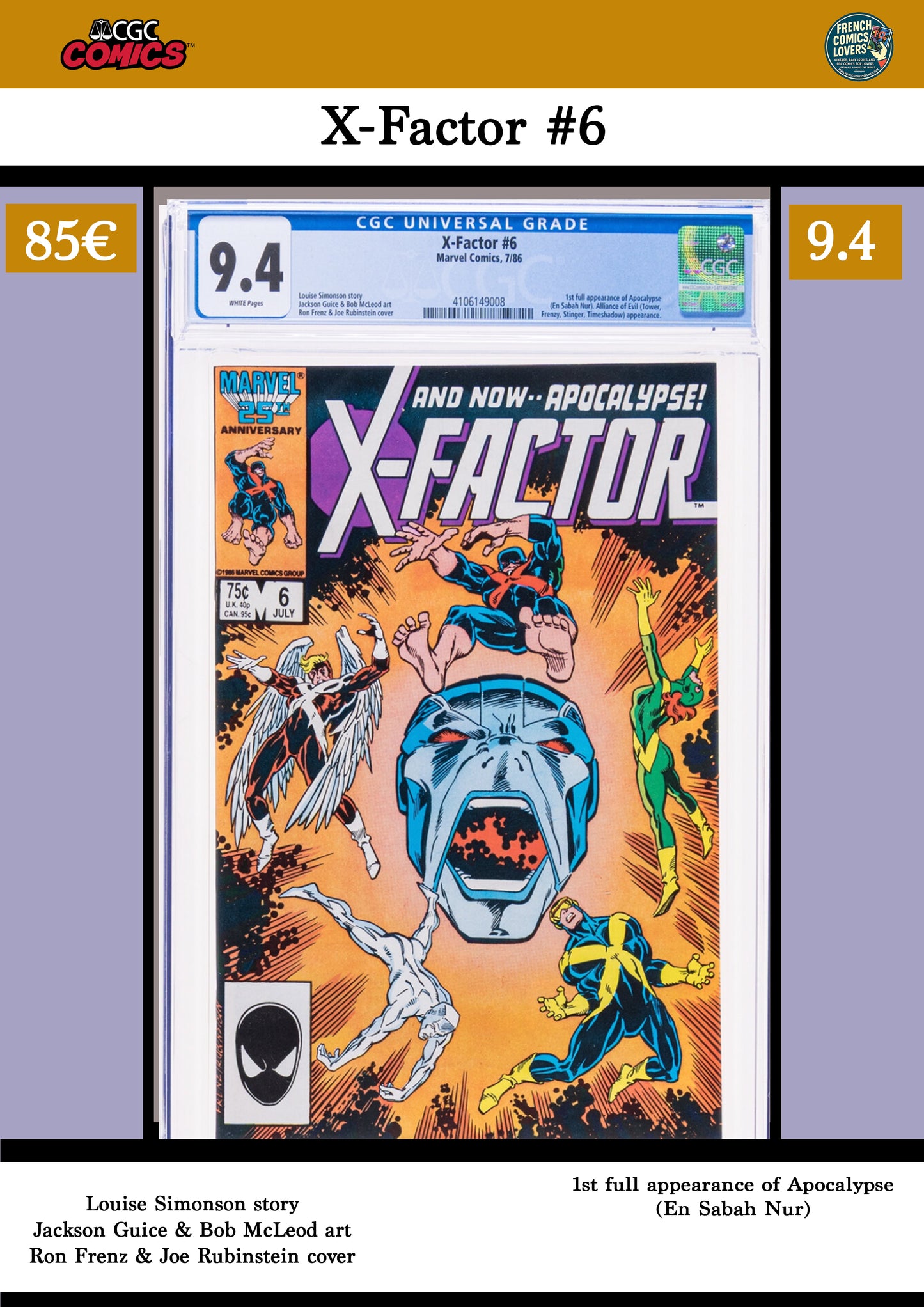 X-Factor #6 (1986) Key issue :1° Apocalypse CGC 9.4