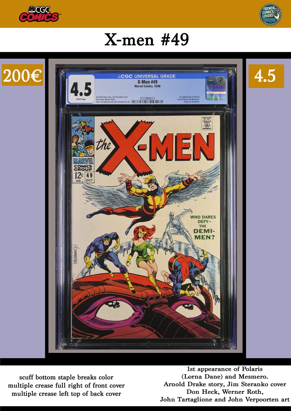 X-men #49 (1968) 1° Lorna Dane Steranko cover CGC 4.5 FCL