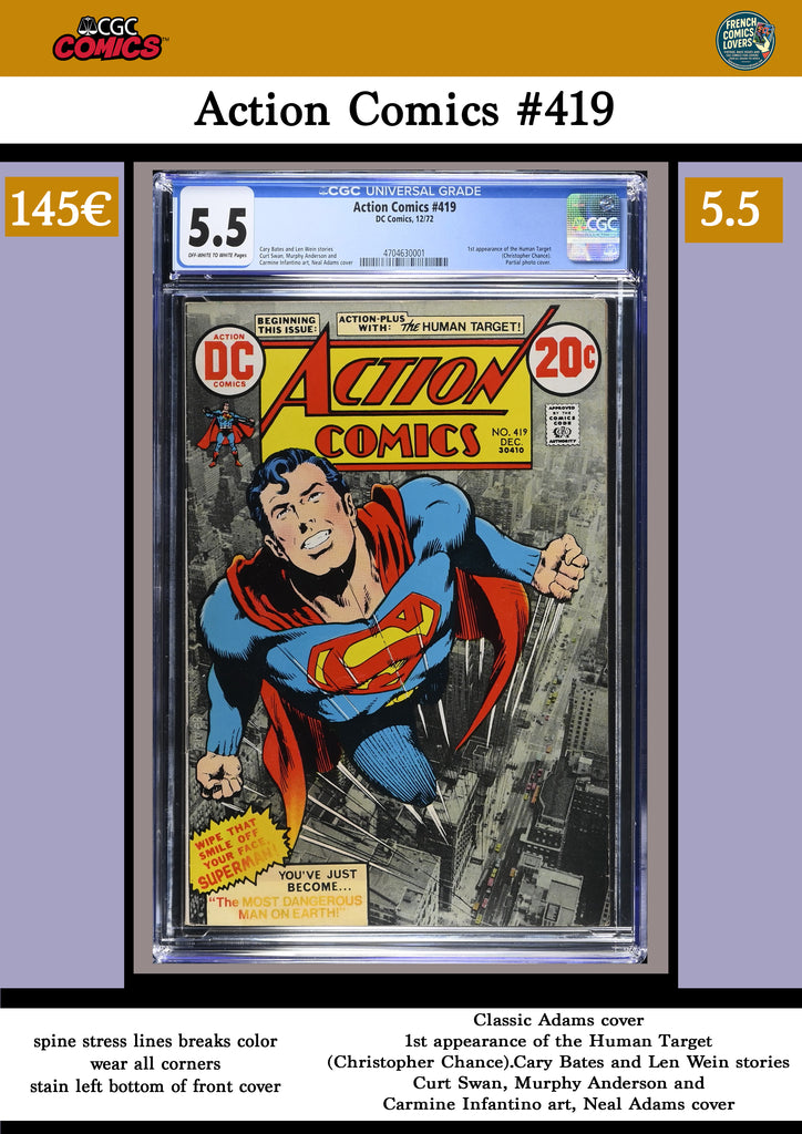 Action Comics #419 (1972) Superman Adams cover 1° Human Target CGC 5.5 FCL