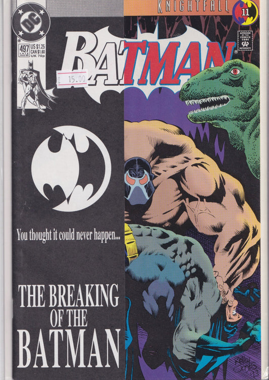 Batman # 497 (1993)  Bane brakes Batman.  VF