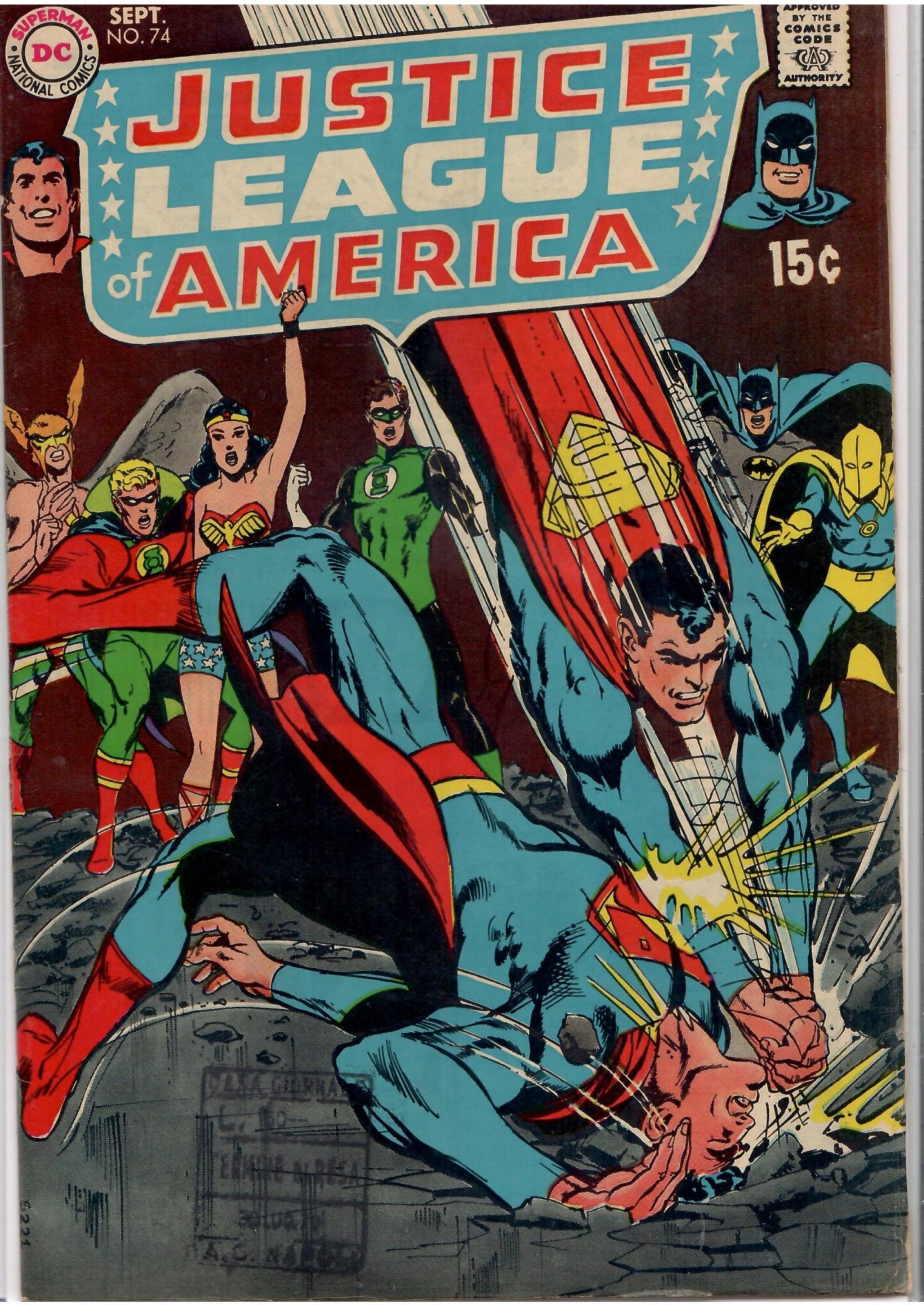 Justice League of America #74 (1969) Adams Cover 1° Superman /Superman meeting Fine