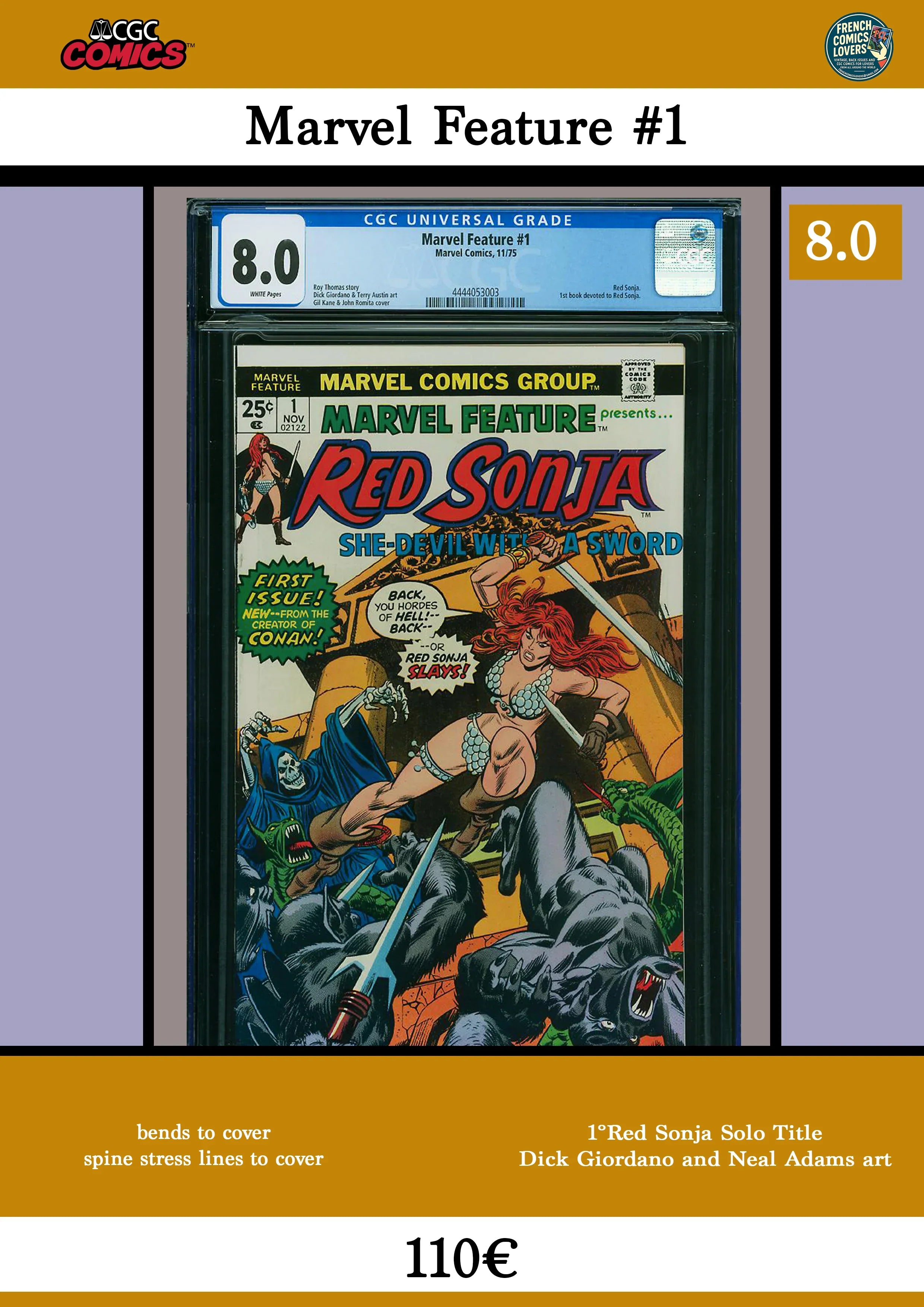 Marvel Feature #1 (1975) 1° Red Sonja solo serie CGC 8.0 – French