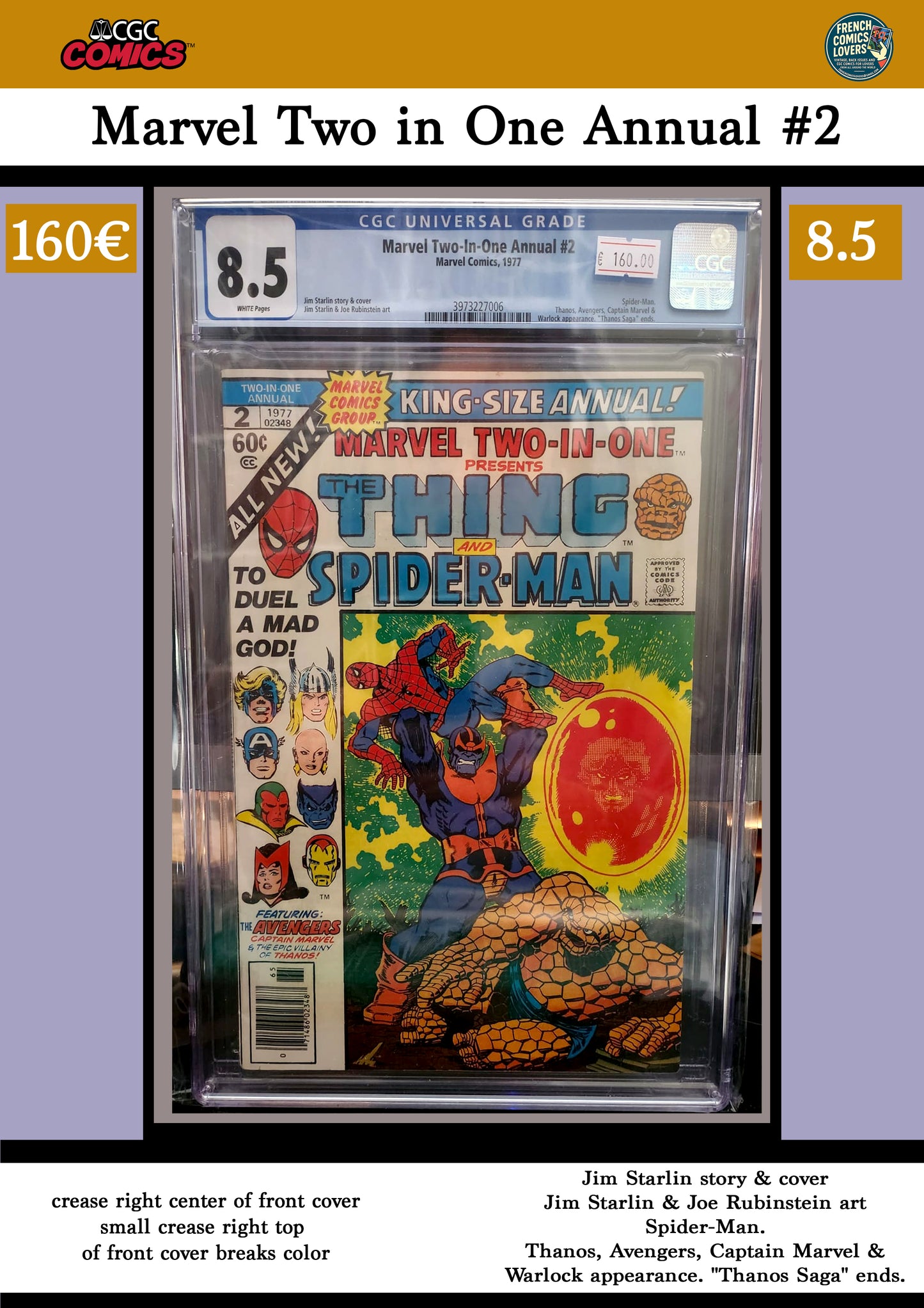Marvel Two in One annual #2 (1978) Classic Starlin Thanos CGC 8.5